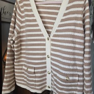 Isaac Mizrahi Beige and White Striped Cardigan Easter